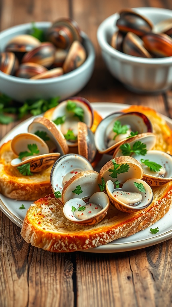Savory garlic clam toast on golden bread, garnished with parsley and red pepper flakes, served on a rustic wooden table.